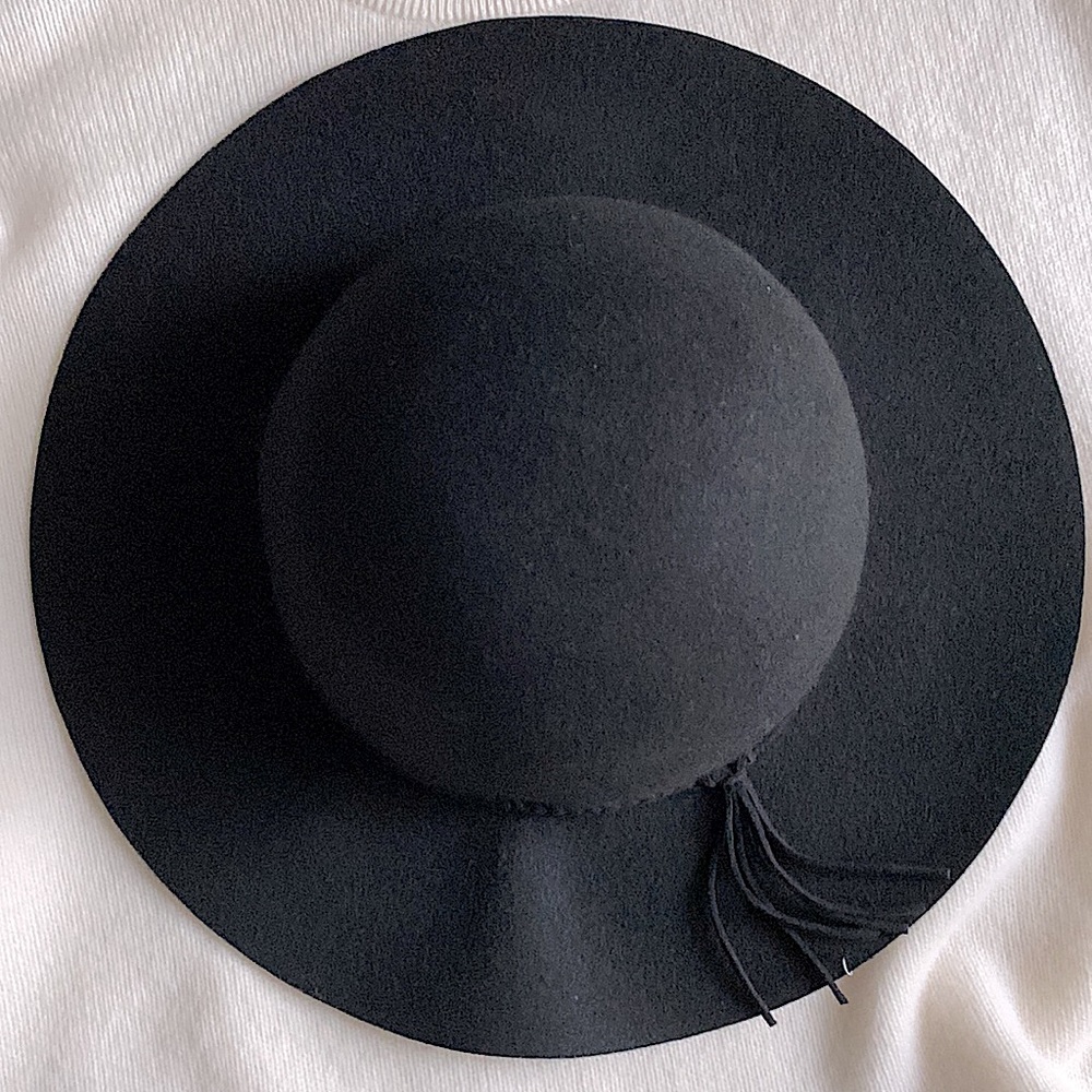 BLACK 100% WOOL FELT ROUND HAT BRAID TRIM INDIE BOHO WHIMSIGOTH FALL OFFICE OS
